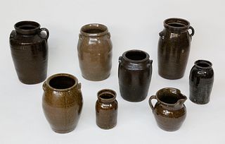 Collection of Eight Antique Brown Glazed Ceramic Crocks