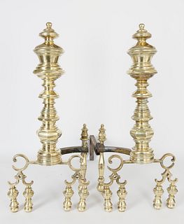 Pair of American Empire Brass Andirons, circa 1830-1840