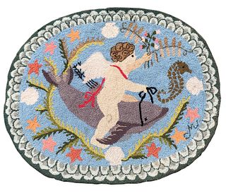 Claire Murray Oval Hooked Rug "Cupid Riding a Dolphin"