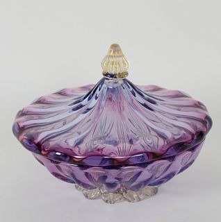 Venetian Hand Blown Lavender Glass Covered Bowl