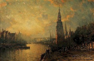 George H. McCord (American, 1848-1909)      Harbor at Sunset, Amsterdam