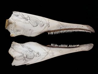 Pair of Scrimshaw Porpoise Jawbones, 19th c.