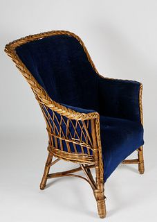 Blue Upholstered Natural Wicker Armchair