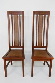Pair of Contemporary Teak High Back Hall Chairs