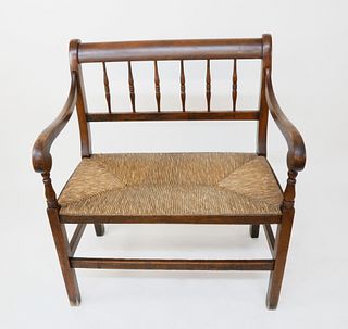 English Oak Spindle Back Rush Seat Settee, 19th c.
