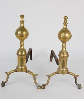 Pair of New York Brass Ball and Finial Top Andirons, early 19th Century