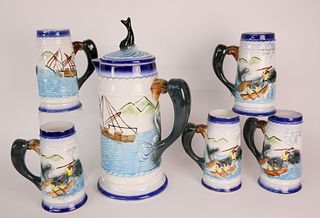 Six Piece Vintage Ceramic Nautical Decorated Drinkware Set