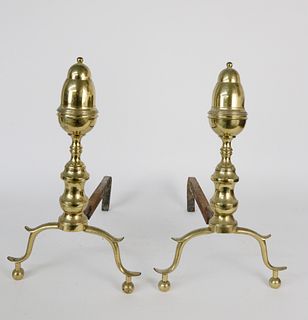 Pair of New York Brass Bullet Top Andirons, 19th Century