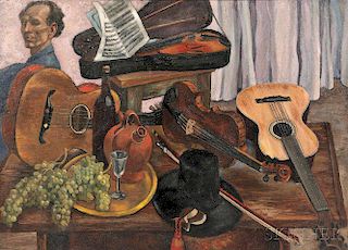 Bertram Hartman (American, 1882-1960)      Still Life with Stringed Instruments and Self Portrait