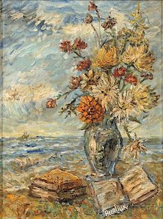 David Burliuk (American/Ukrainian, 1882-1967)      Bouquet, Book, and Sea