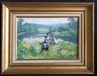 Jules Herve Charming Landscape: Mother & Child, Oil on Artist's Board