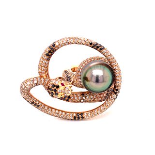 18K Diamond Pearl Snake Ring