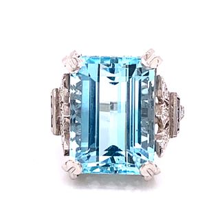 Art Deco Platinum Diamond Aquamarine Sapphire Ring