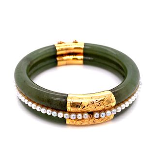 14K Jade & Pearls Bangle BraceletÊ