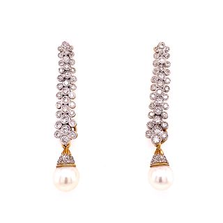 14K Diamond & Pearl Drop Earrings