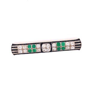 18K & Platinum Art Deco Diamond Emerald Onyx Bar BroachÊ