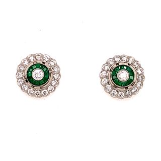 Platinum Diamond Emerald Target Earrings