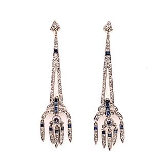 Platinum Diamond Sapphire Droop Earrings