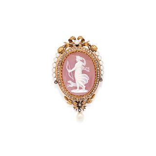 ANTIQUE, FRENCH, AGATE CAMEO, PEARL AND DIAMOND BROOCH