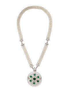 EDWARDIAN, EMERALD, DIAMOND AND SEED PEARL CONVERTIBLE PENDANT/NECKLACE