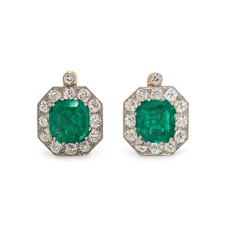 ANTIQUE, EMERALD AND DIAMOND EARCLIPS