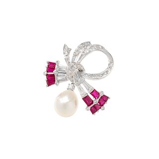 DIAMOND, SYNTHETIC RUBY AND CULTURED PEARL CONVERTIBLE BROOCH