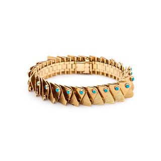 FRENCH, YELLOW GOLD, TURQUOISE AND RUBY BRACELET