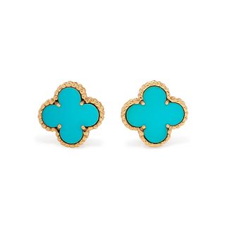VAN CLEEF & ARPELS, YELLOW GOLD AND TURQUOISE 'ALHAMBRA' EARCLIPS