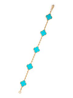 VAN CLEEF & ARPELS, YELLOW GOLD AND TURQUOISE 'ALHAMBRA' BRACELET