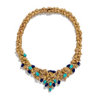 YELLOW GOLD, LAPIS LAZULI AND TURQUOISE COLLAR NECKLACE
