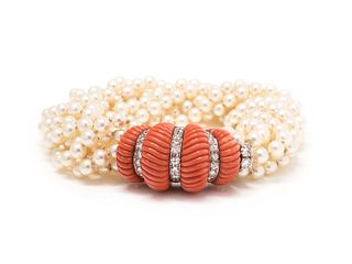 CARTIER, CULTURED PEARL, CORAL AND DIAMOND BRACELET