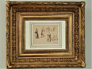 19th Century Delicate Ink Study Of Louis XIII dressed women By Felix Ziem - Courtesy of Silver by D & R