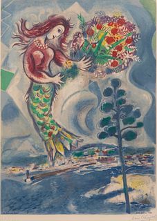 after Marc Chagall
(French/Russian, 1887-1985)
Sirene au Pine (Siren with Pine), (from Nice & the Cote d'Azur), 1967