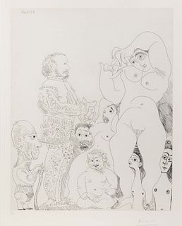 Pablo Picasso
(Spanish, 1881-1973)
Autoportrait a la canne, avec comedien, amour replet et femmes (pl. 8 from 347 Series), 1968