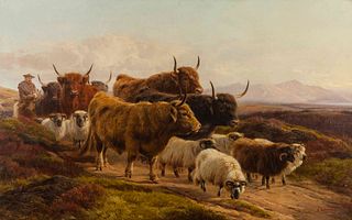 William Watson 
(British, 1838-1921)
Highland Cattle and Sheep, 1875