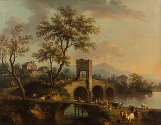 Giovanni Battista Cimaroli
 (Italian, 1687-1771)
Landscape along the Brenta with a stone bridge, shepherds and herds, early 1740s