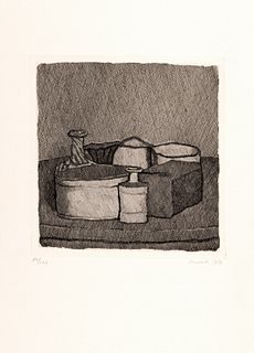 Giorgio Morandi (Bologna 1890-1964)  - Still life with four objects and three bottles, 1956