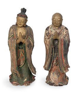 A Pair of Chinese Polychromed Figures of Luohan
Height of figures 30 x  width 11  x depth 9 ½ inches.