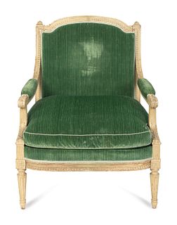 A Louis XVI Grey-Painted Fauteuil a  la Reine
Height 38 x width 29 x depth 29 inches.