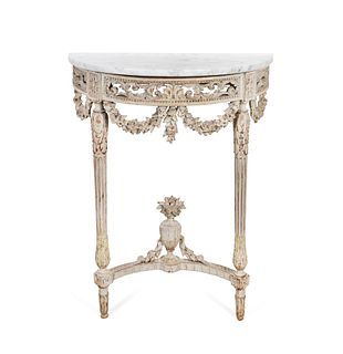 A Louis XVI Grey-Painted Demilune Console
Height 39 x width 30 x depth 12 1/2 inches.
