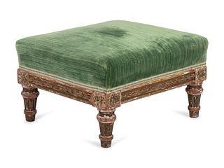A Louis XVI Giltwood Small Tabouret
Height 7 1/2 x length 12 x depth 12 inches.