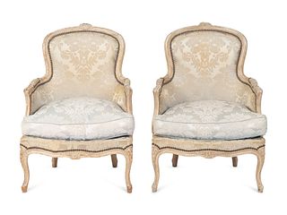 A Pair of Louis XV Grey-Painted Bergeres of Small Size
Height 34 x width 24 x depth 23 inches.