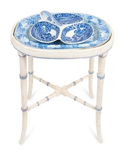 An English Blue and White Transfer-Printed Earthenware Platter on Later Stand and a Copeland Three-Sectioned Hors d'Oeuvres Dish
Dimensions of platter