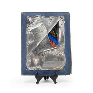 A Russian Silver and Enamel-Mounted Leather Folio
17 3/4 x 13 1/4 inches.