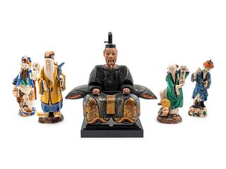 A Japanese Polychromed Wood Figure and Four Chinese Ceramic Figures
Height 8 1/2 to 14 inches.