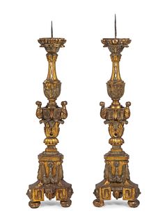 A Large Pair of  Italian Baroque Style Giltwood Pricket Sticks
Height 41 1/2 inches, plus 4 inch spike.