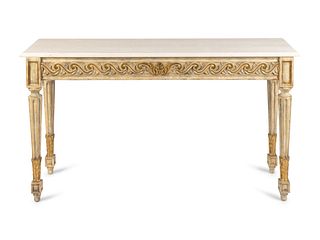 A Pair of Louis XVI Style Parcel-Gilt and Painted Consoles
Height 32 x length 57 x depth 16 inches.