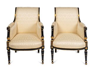 A Pair of Directoire Parcel-Gilt and Painted Bergeres
Height 35 x width 23 1/4 inches.