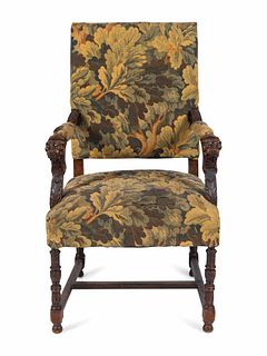 A Renaissance Style Tapestry-Upholstered Carved Walnut Great Chair
Height overall 45 x width 26 inches.