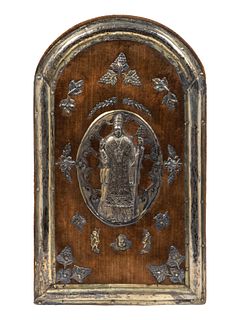 A Spanish Colonial Silver-Mounted Velvet Plaque
Height 19 1/2 x width 12 inches.